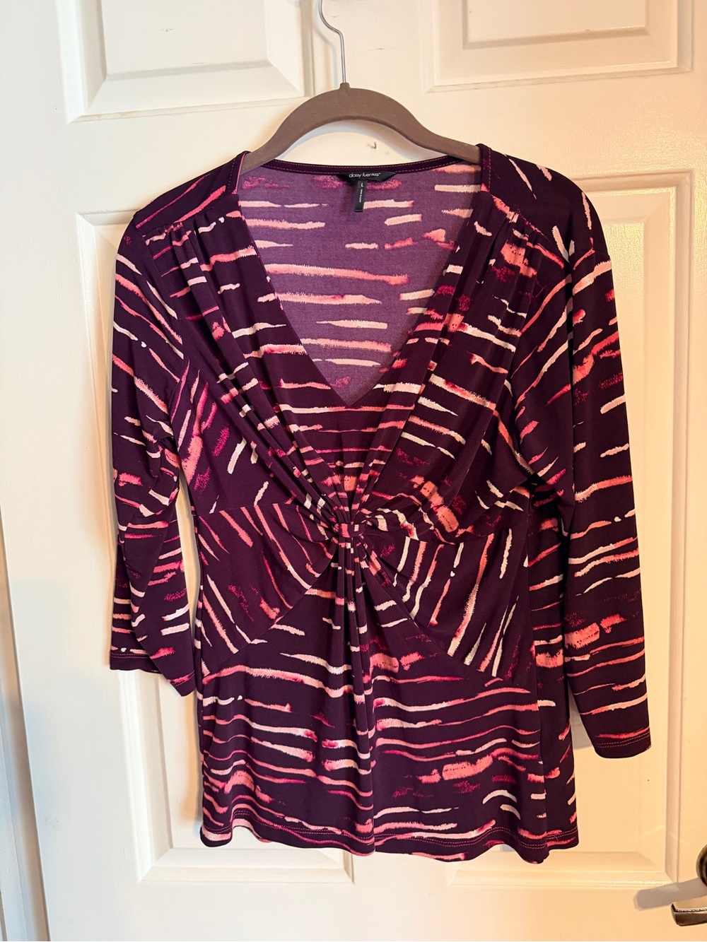 Daisy Fuentes Plum Twist-Front V-Neck Top with Pink Accent